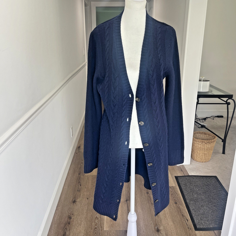 Pure Collection Cardigan Women L Wool Cashmere Cable Knit Long Sweater Navy Blue